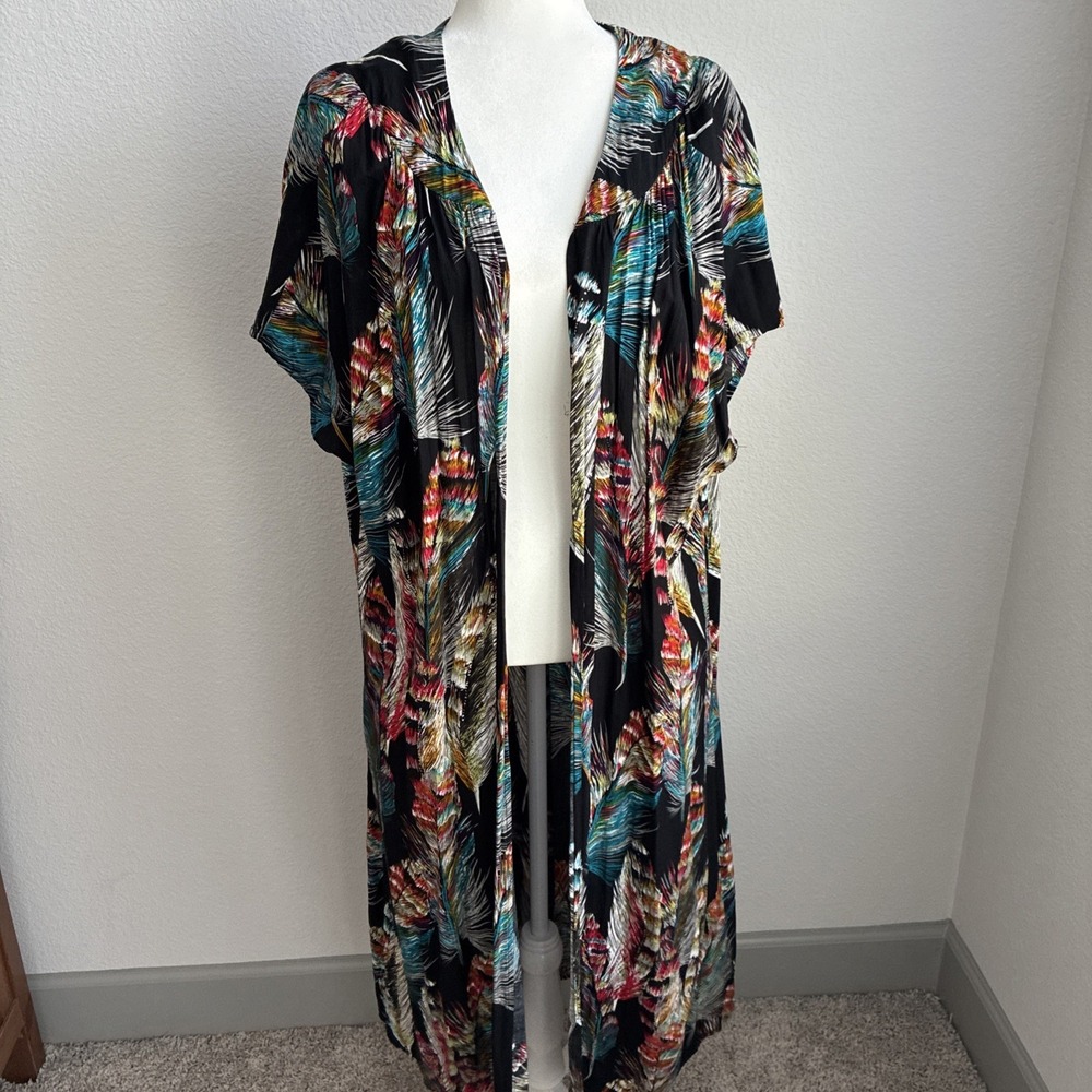 Umgee  Feather Print Kimono Duster Cover-Up Cotton Blend XL Boho Bright Festival
